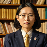 **Prompt:** Tsai Ing-wen, portrait, academic setting, lecturing at a university in Taiwan, bookshelves in background, professional attire, serious expression, golden hour lighting.