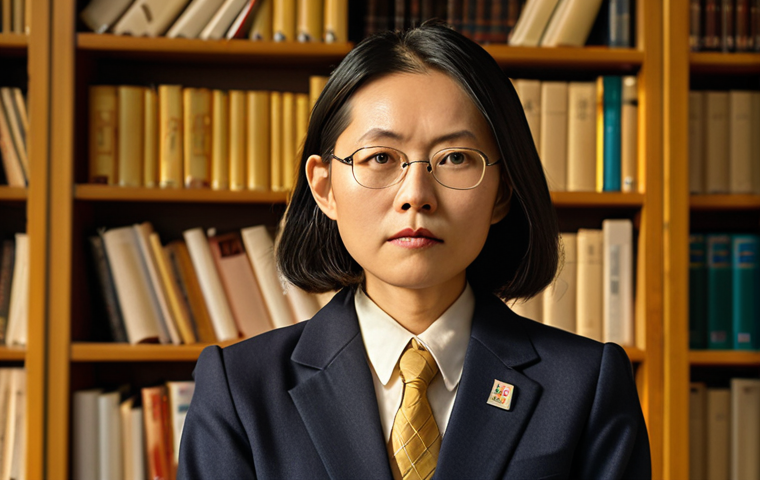 **Prompt:** Tsai Ing-wen, portrait, academic setting, lecturing at a university in Taiwan, bookshelves in background, professional attire, serious expression, golden hour lighting.