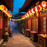 **A hidden Taipei temple nestled in a narrow alleyway, adorned with colorful lanterns, intricate carvings, and the warm glow of incense smoke. Local residents are respectfully praying and lighting incense.**