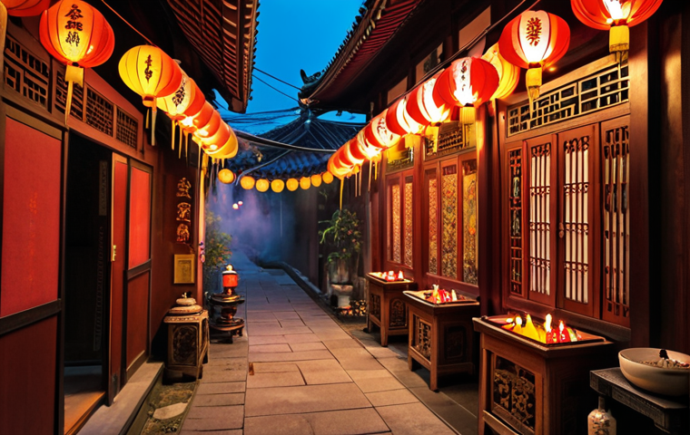 **A hidden Taipei temple nestled in a narrow alleyway, adorned with colorful lanterns, intricate carvings, and the warm glow of incense smoke. Local residents are respectfully praying and lighting incense.**