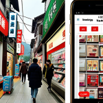 ** A vibrant collage showing a split screen. One side depicts a traditional electronics store in Taiwan (maybe a busy street in Taipei's electronics district). The other side shows a modern Taiwanese user browsing an e-commerce platform on a smartphone, surrounded by tempting product images and special offers. The visual style should be clean, modern, and appealing to Italian sensibilities. Focus: Highlighting the contrast between traditional and modern shopping.

**