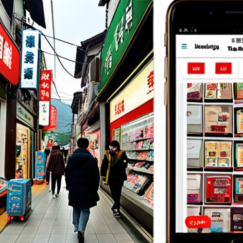 ** A vibrant collage showing a split screen. One side depicts a traditional electronics store in Taiwan (maybe a busy street in Taipei's electronics district). The other side shows a modern Taiwanese user browsing an e-commerce platform on a smartphone, surrounded by tempting product images and special offers. The visual style should be clean, modern, and appealing to Italian sensibilities. Focus: Highlighting the contrast between traditional and modern shopping.

**