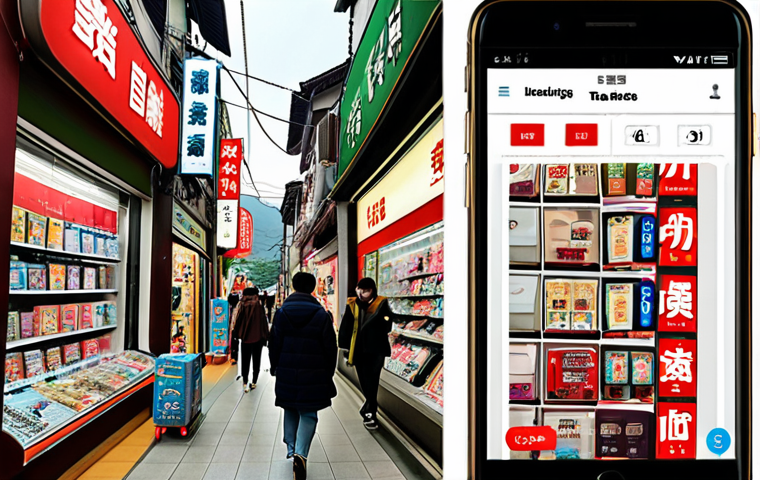 ** A vibrant collage showing a split screen. One side depicts a traditional electronics store in Taiwan (maybe a busy street in Taipei's electronics district). The other side shows a modern Taiwanese user browsing an e-commerce platform on a smartphone, surrounded by tempting product images and special offers. The visual style should be clean, modern, and appealing to Italian sensibilities. Focus: Highlighting the contrast between traditional and modern shopping.
**