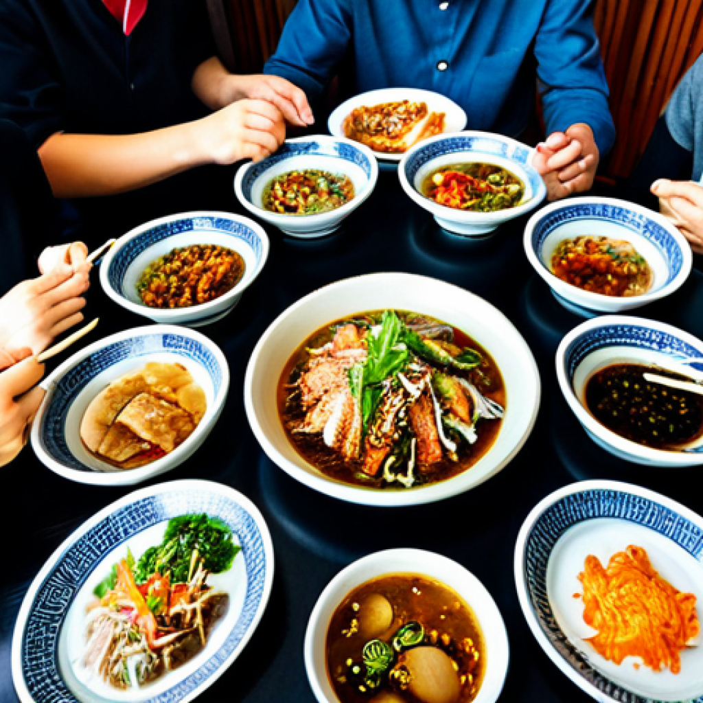 A diverse group of adults, fully clothed in modest, modern attire, are gathered around a large round table with a rotating lazy Susan in a vibrant, traditional Taiwanese restaurant. Numerous delicious-looking shared dishes, featuring local Taiwanese cuisine, are artfully arranged on the table. The individuals are naturally interacting, serving themselves with chopsticks from common bowls, demonstrating correct chopstick etiquette (chopsticks resting on a holder, not piercing food vertically). The atmosphere is convivial and respectful, with subtle expressions of enjoyment and genuine connection. Professional photography, natural lighting, high quality, perfect anatomy, correct proportions, well-formed hands, proper finger count, natural body proportions, safe for work, appropriate content, family-friendly.
