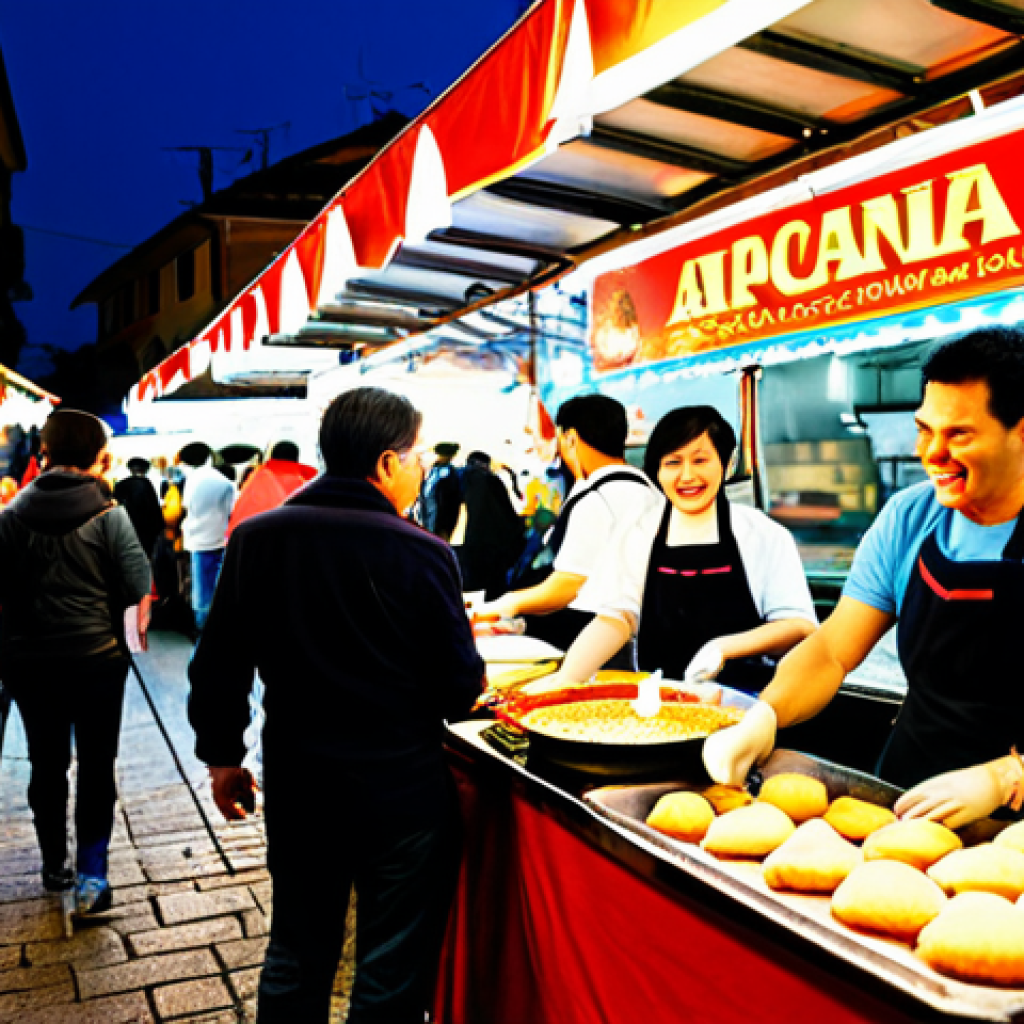A Bustling Night Market Scene**

Prompt: A vibrant and lively Italian street food market at night, reminiscent of a Taiwanese night market, but featuring local Italian delicacies like arancini, panelle, and sfincione, fully clothed vendors with aprons cheerfully serving customers, colorful stalls adorned with twinkling lights, safe for work, appropriate content, perfect anatomy, natural proportions, high-quality photography, professional.

**