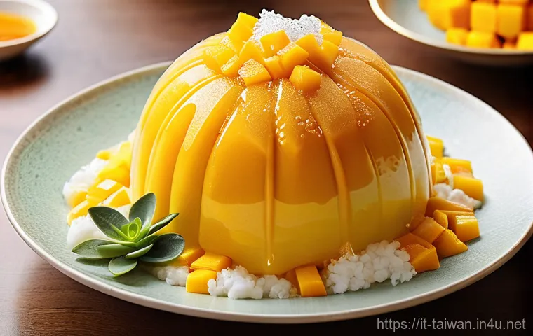 대만에서 인기 있는 디저트 - **Taiwanese Mango Bao Bing:** A hyperrealistic, vibrant close-up shot of a gigantic bowl of Taiwanes...
