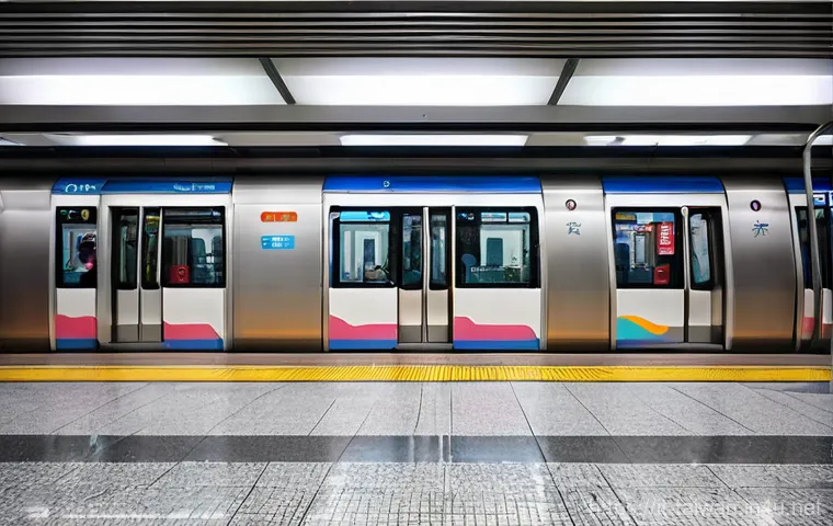 대만의 대중교통 시스템 - **Taipei MRT: Urban Harmony and Modern Art**
    "A vibrant, eye-level shot inside a modern Taipei M...