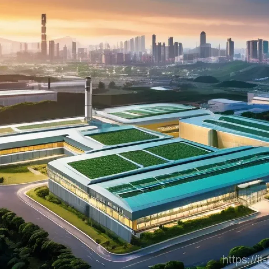 대만에서 열리는 국제 이벤트 - **Prompt: "A high-angle shot of a futuristic, pristine semiconductor factory in Taiwan at sunset. Th...