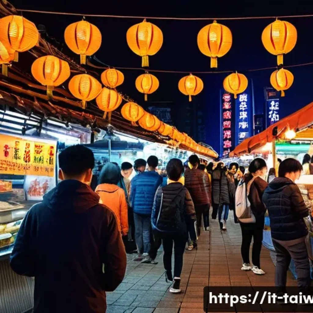 대만의 지역별 명소 - **Prompt:** A vibrant and bustling scene at a Taiwanese night market, specifically evoking the energ...