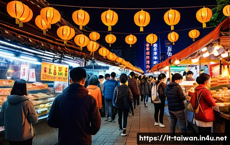 대만의 지역별 명소 - **Prompt:** A vibrant and bustling scene at a Taiwanese night market, specifically evoking the energ...