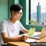 중화민국에서 한국어 배우기 - **A focused student in a cozy Taipei apartment.**
    A bright, clean, and modern apartment in Taipe...