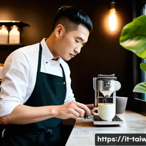 대만 현지 음료 트렌드 - **A master barista meticulously prepares a specialty coffee in a brightly lit, modern Taiwanese café...