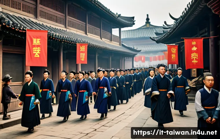 중화민국 독립과정 역사 - A detailed historical scene depicting the late Qing dynasty China in the early 20th century, showing...