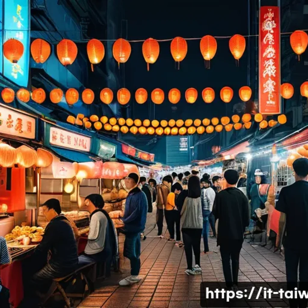 대만과 한국 문화 비교 - A vibrant Taiwanese night market scene at dusk, bustling with diverse street food stalls offering co...