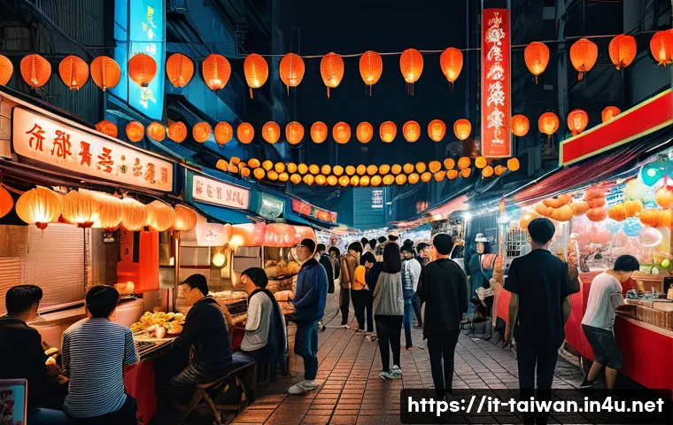 대만과 한국 문화 비교 - A vibrant Taiwanese night market scene at dusk, bustling with diverse street food stalls offering co...