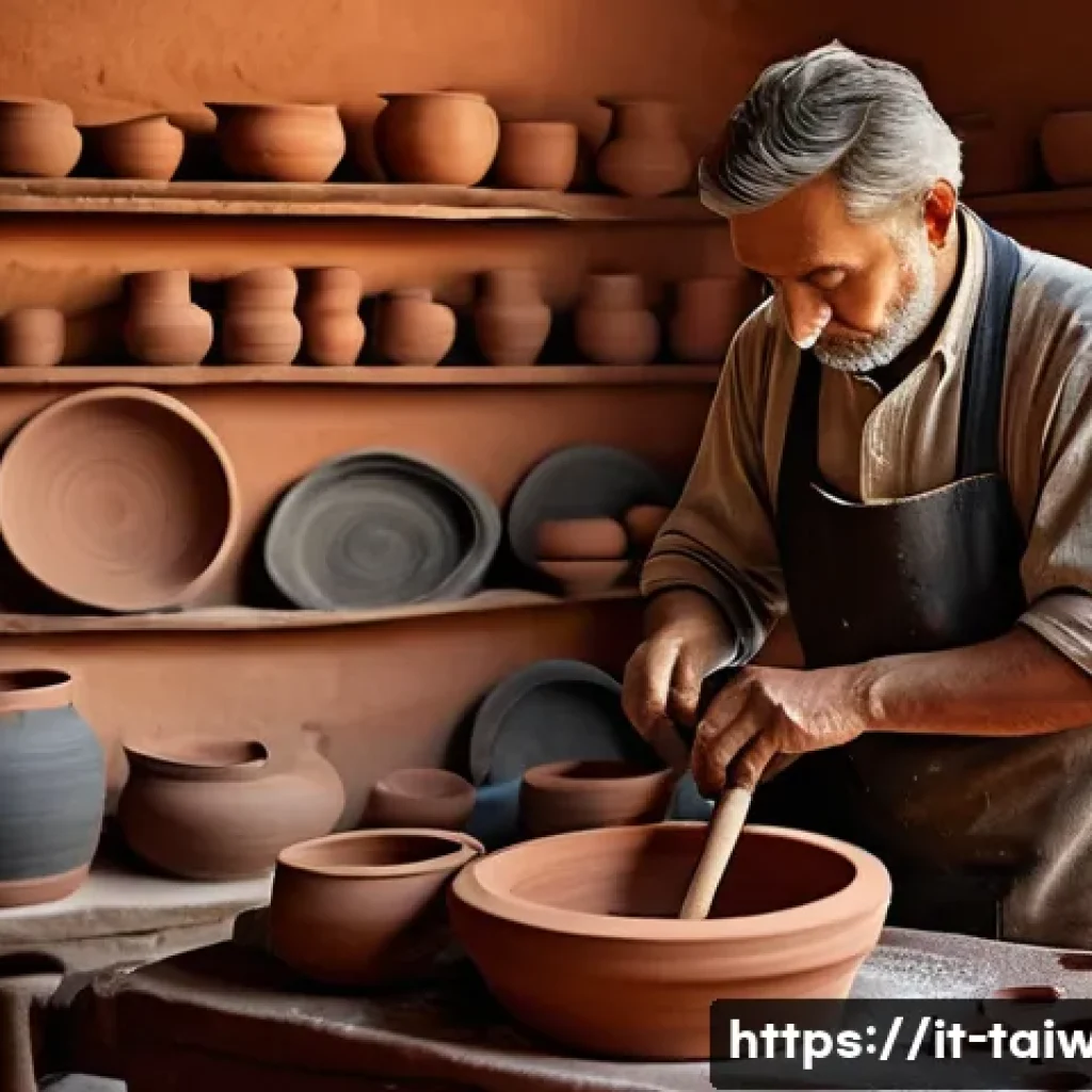 대만의 도자기 마을 방문기 - A traditional Italian ceramic artisan workshop scene, featuring a middle-aged craftsman carefully mo...