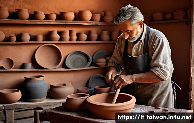 대만의 도자기 마을 방문기 - A traditional Italian ceramic artisan workshop scene, featuring a middle-aged craftsman carefully mo...