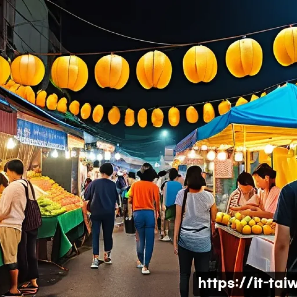 대만의 도시별 기후 차이 - A vibrant night market scene in southern Taiwan under tropical weather: bustling crowds wearing ligh...