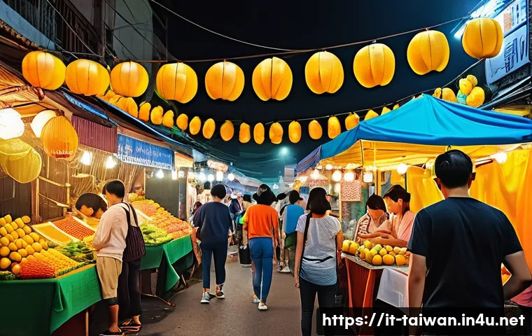 대만의 도시별 기후 차이 - A vibrant night market scene in southern Taiwan under tropical weather: bustling crowds wearing ligh...