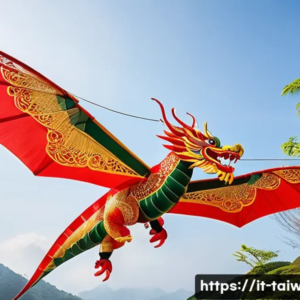 대만의 전통 연 만들기 체험 - A traditional Taiwanese dragon kite soaring high in a clear spring sky, constructed with delicate ba...