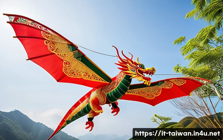 대만의 전통 연 만들기 체험 - A traditional Taiwanese dragon kite soaring high in a clear spring sky, constructed with delicate ba...