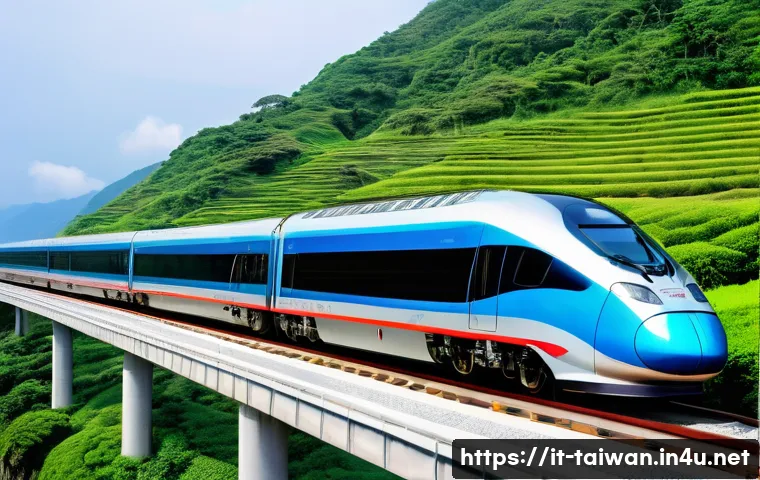 대만 내륙 교통 수단 가이드 - A sleek Taiwan High Speed Rail train speeding along the western coastline, modern design with smooth...