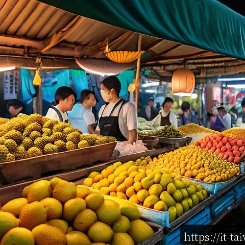 대만 열대 과일 특산품 - A vibrant Taiwanese tropical fruit market scene at dusk, featuring colorful stalls overflowing with ...