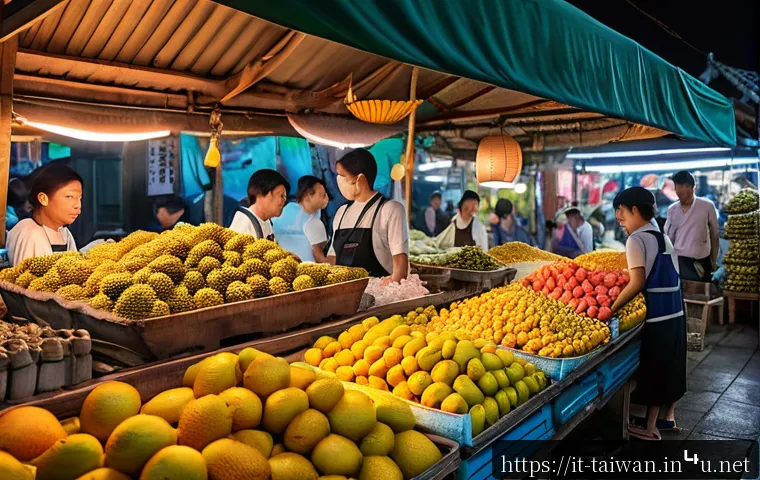 대만 열대 과일 특산품 - A vibrant Taiwanese tropical fruit market scene at dusk, featuring colorful stalls overflowing with ...