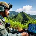 중화민국과 미국의 외교 관계 - A highly detailed scene of a joint military exercise between Taiwan and the United States set in a l...