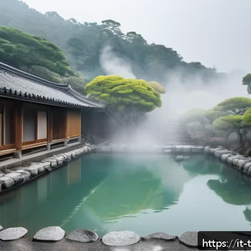 대만의 온천 여행지 추천 - A serene outdoor hot spring scene in Beitou, Taiwan, featuring traditional open-air sulfur pools sur...