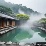 대만의 온천 여행지 추천 - A serene outdoor hot spring scene in Beitou, Taiwan, featuring traditional open-air sulfur pools sur...
