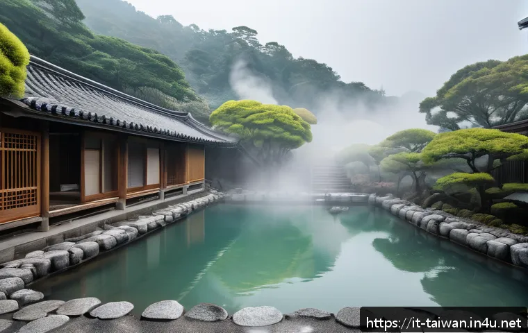 대만의 온천 여행지 추천 - A serene outdoor hot spring scene in Beitou, Taiwan, featuring traditional open-air sulfur pools sur...