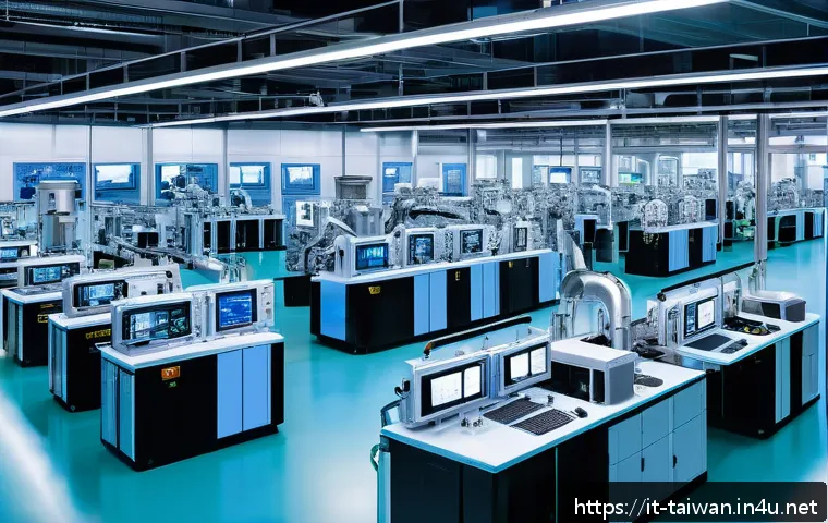 대만 중국 간 무역 현황 - A dynamic, detailed illustration of a bustling semiconductor manufacturing facility in Taiwan, showc...