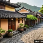 대만 민속촌 방문기 - A serene traditional Taiwanese village scene at sunset, featuring wooden houses with sloping glazed ...