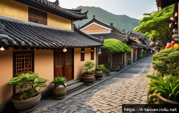 대만 민속촌 방문기 - A serene traditional Taiwanese village scene at sunset, featuring wooden houses with sloping glazed ...
