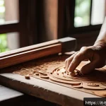 대만의 전통 공예품 구입 팁 - A close-up scene inside a traditional Taiwanese artisan workshop, showing skilled hands carefully ca...