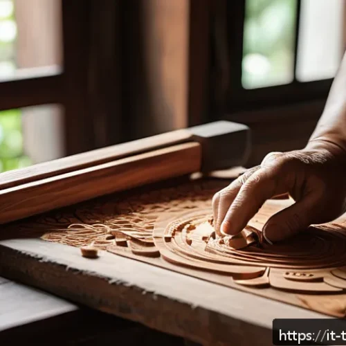 대만의 전통 공예품 구입 팁 - A close-up scene inside a traditional Taiwanese artisan workshop, showing skilled hands carefully ca...