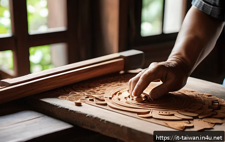 대만의 전통 공예품 구입 팁 - A close-up scene inside a traditional Taiwanese artisan workshop, showing skilled hands carefully ca...