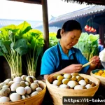 대만의 독특한 식재료 - Photorealistic Taiwanese traditional market at dawn, a vibrant overhead composition of unusual local...
