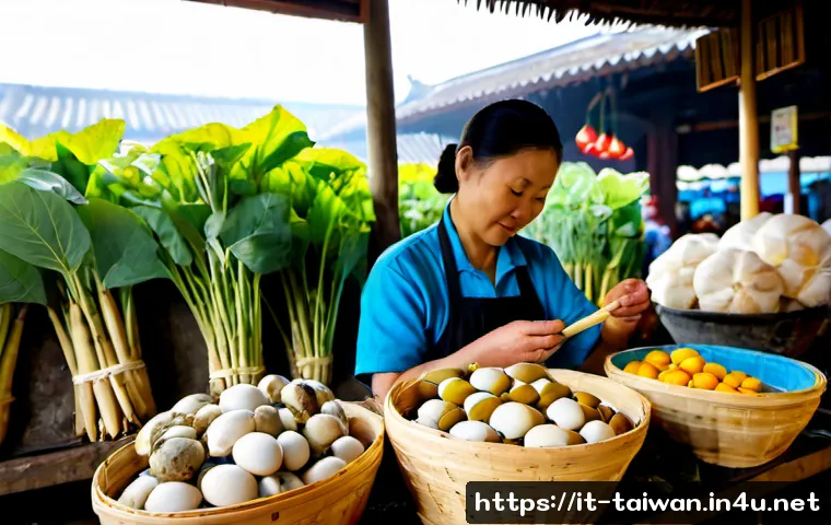 대만의 독특한 식재료 - Photorealistic Taiwanese traditional market at dawn, a vibrant overhead composition of unusual local...